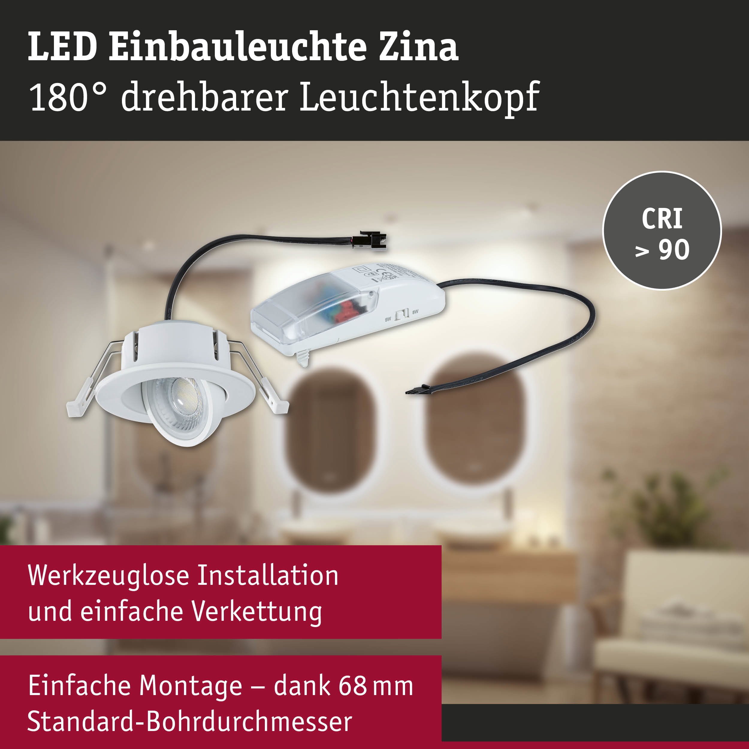 Weiße LED Einbauleuchte Zina mit 180° drehbarem Leuchtenkopf und CRI über 90 für Wohnräume