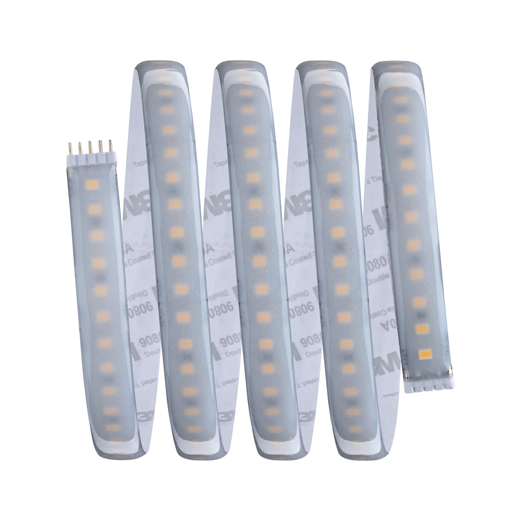 Flexibler LED-Lichtstreifen mit warmweißen Dioden und selbstklebender Rückseite für vielseitige Beleuchtung.