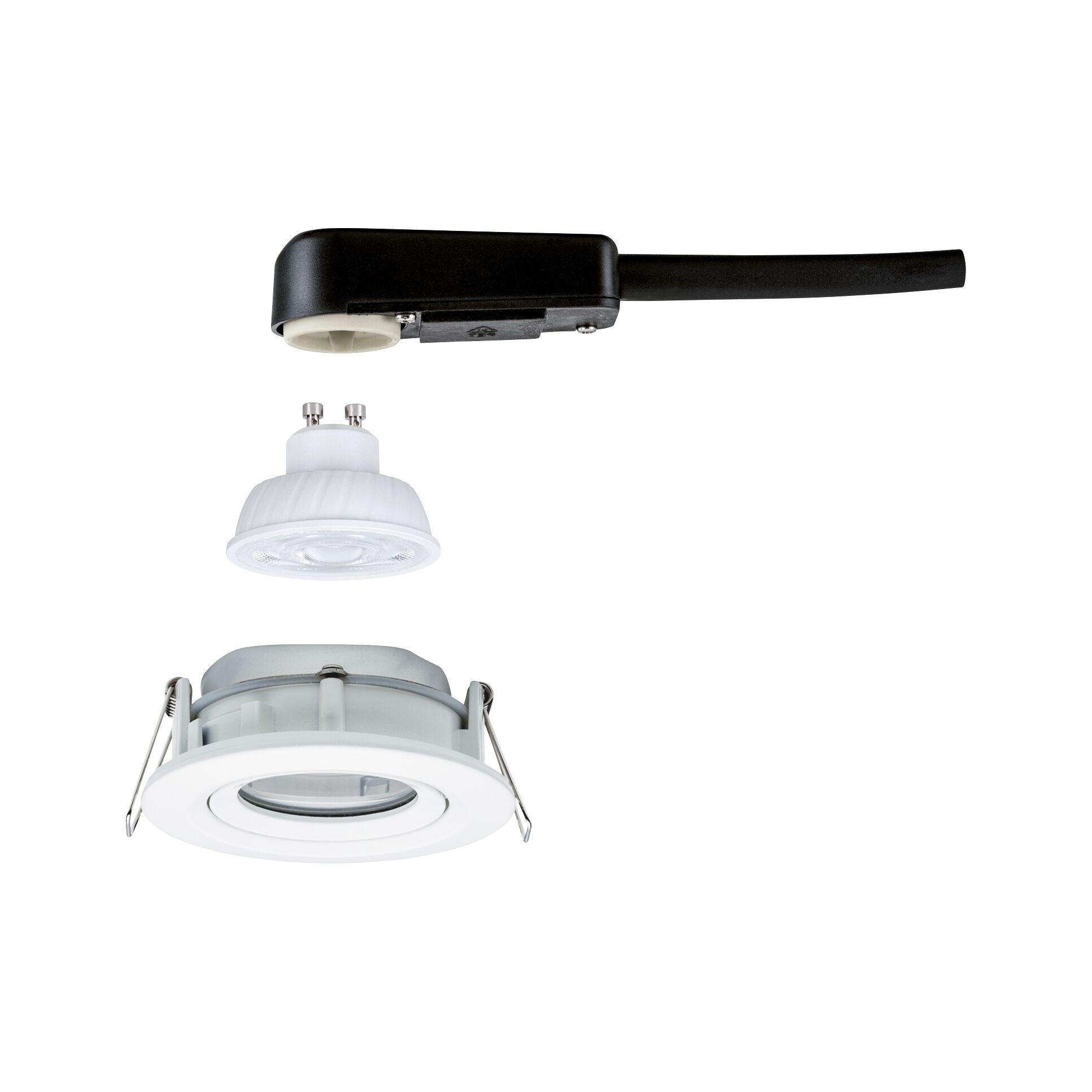 Weißer Einbaustrahler mit GU10 LED-Lampe und schwarzem Anschlusskabel für moderne Beleuchtung