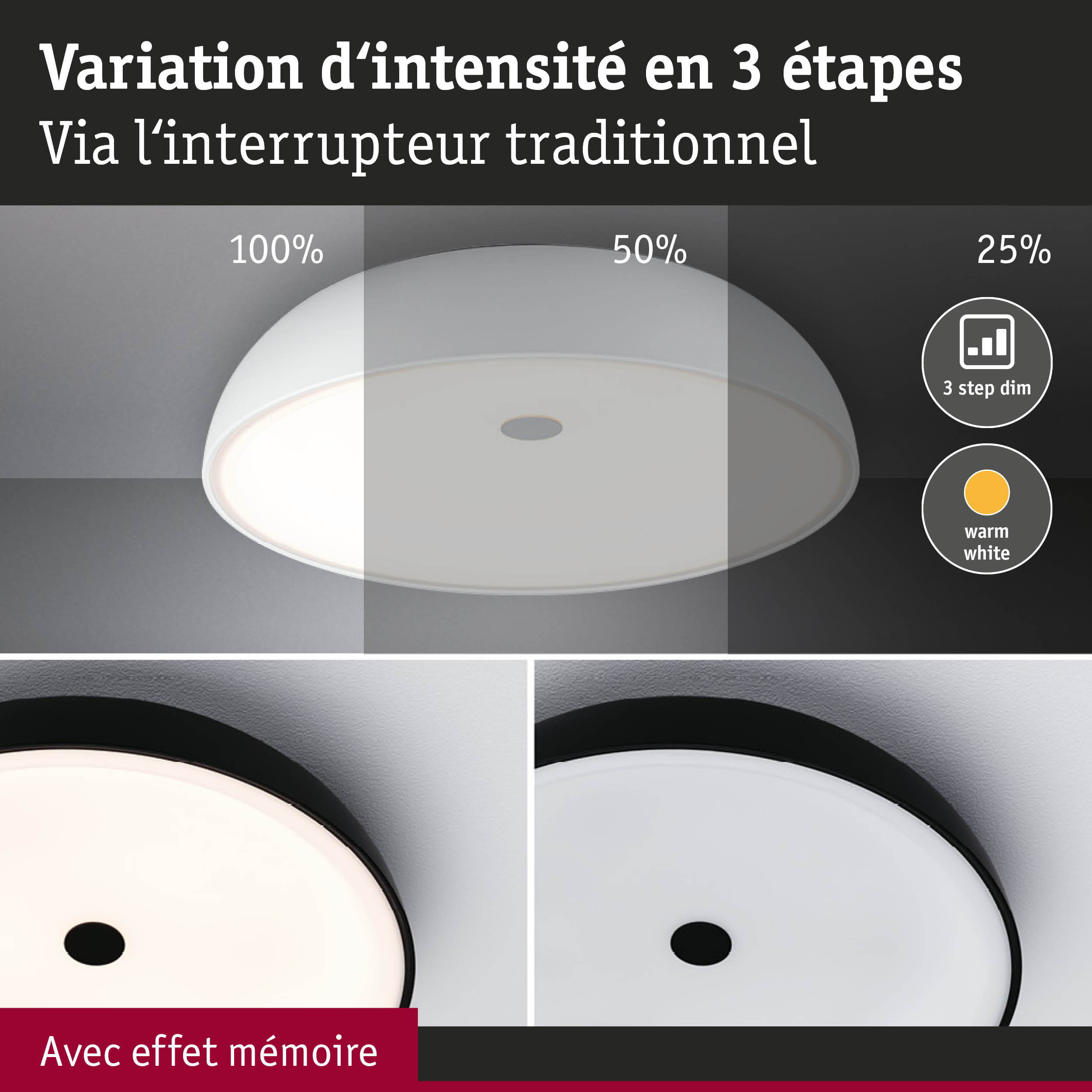 Plafonnier blanc avec variation d'intensité en 3 étapes et lumière blanc chaud