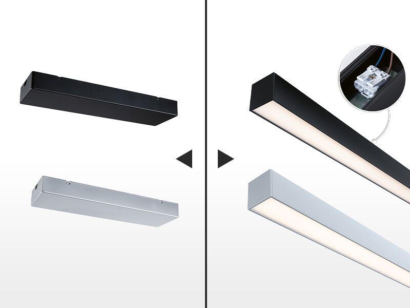 Luminaires LED PowerBox et PowerChannel noirs et argentés avec détail de connexion pour solutions d'éclairage modernes.