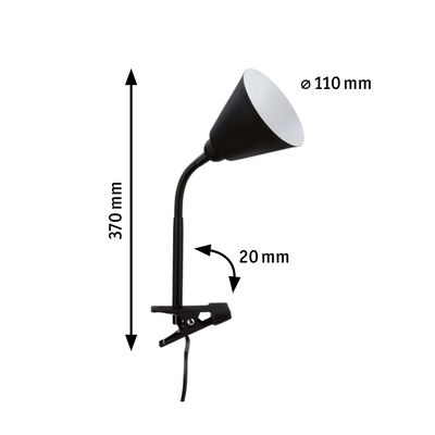 Zwarte metalen klemlamp met flexibele hals en 110 mm lampenkapdiameter, 370 mm hoog