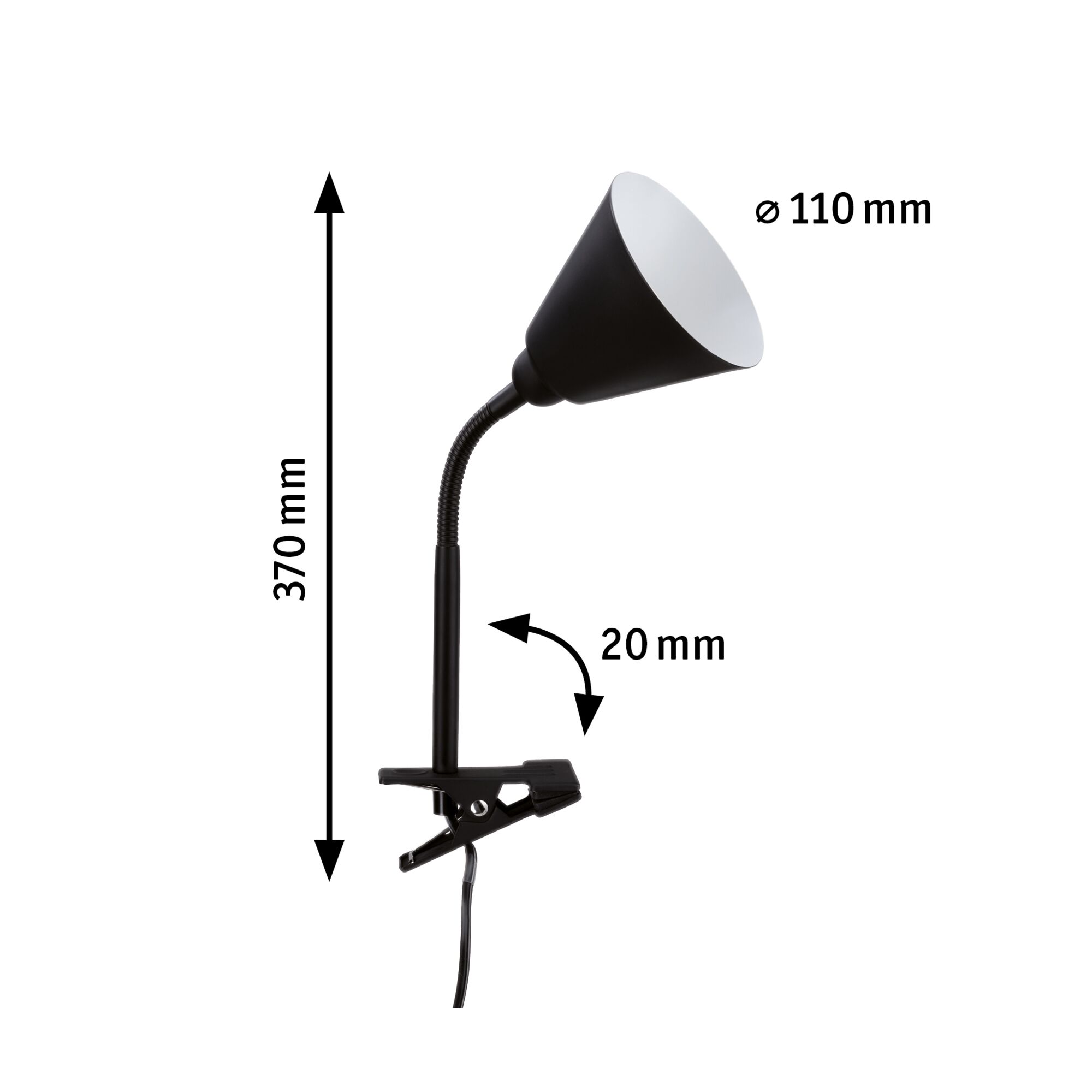 Lampe pince noire en métal avec col flexible et abat-jour de 110 mm de diamètre, hauteur 370 mm