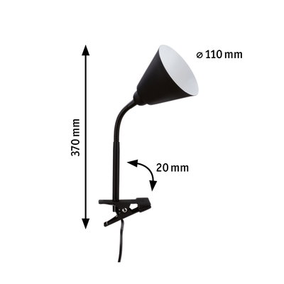 Black metal clip lamp with flexible neck and 110 mm lampshade diameter, 370 mm height