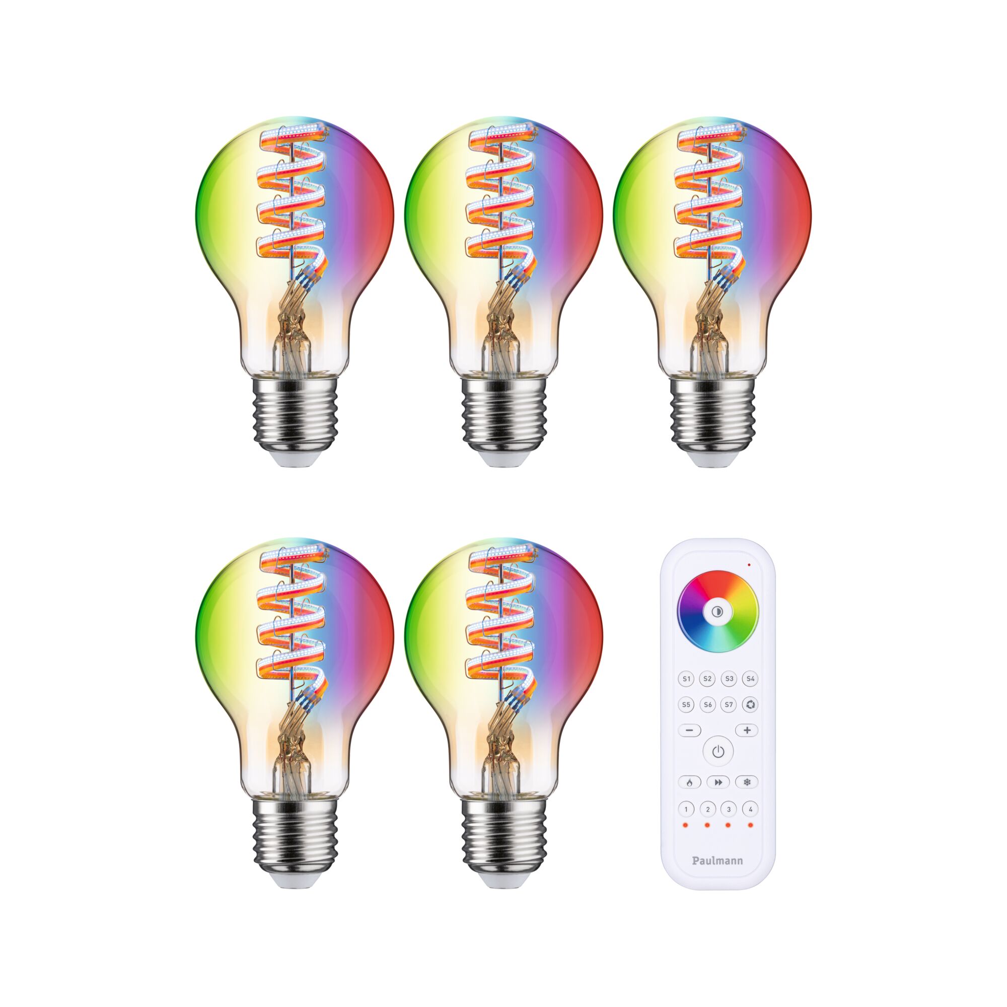 Zestaw Żarnik 230V Żarówka LED Zigbee APL RGBW + Gent 2.0 3x470lm 3x6,3W RGBW+ ściemnialny Złoty Five colorful LED filament bulbs with spiral design and remote control for color lighting