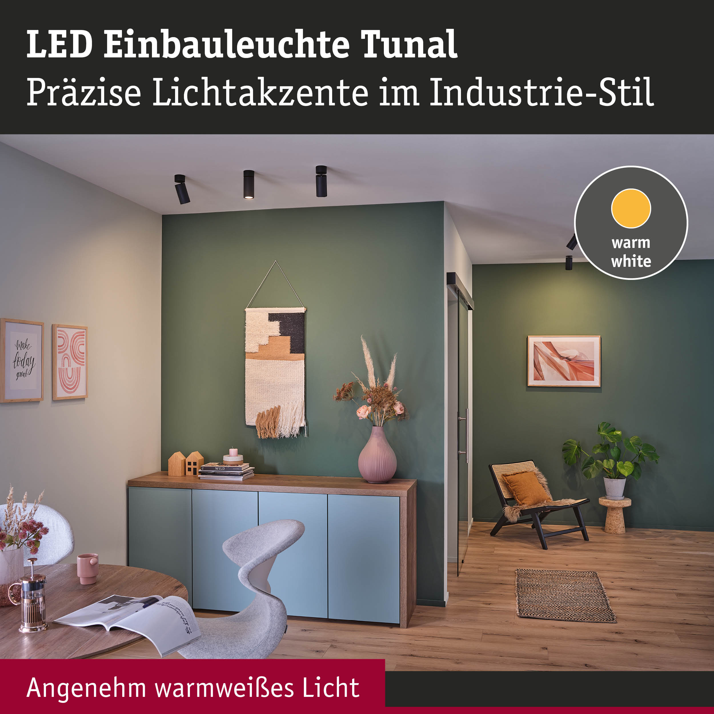 Schwarze LED Einbauleuchten Tunal an Decke in modernem Wohnzimmer mit grünem Wanddesign