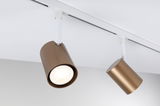 Two brown aluminium spotlights on white track for modern LED ceiling lighting