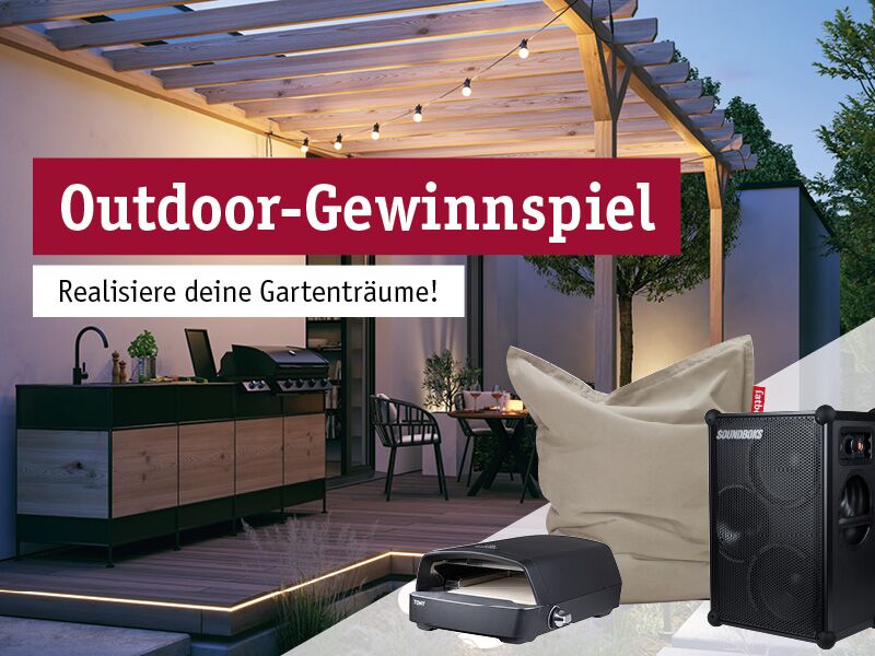 Outdoor-Gewinnspiel mit moderner Gartenküche, LED-Lichterkette und Outdoor-Lautsprecher für Gartenträume.