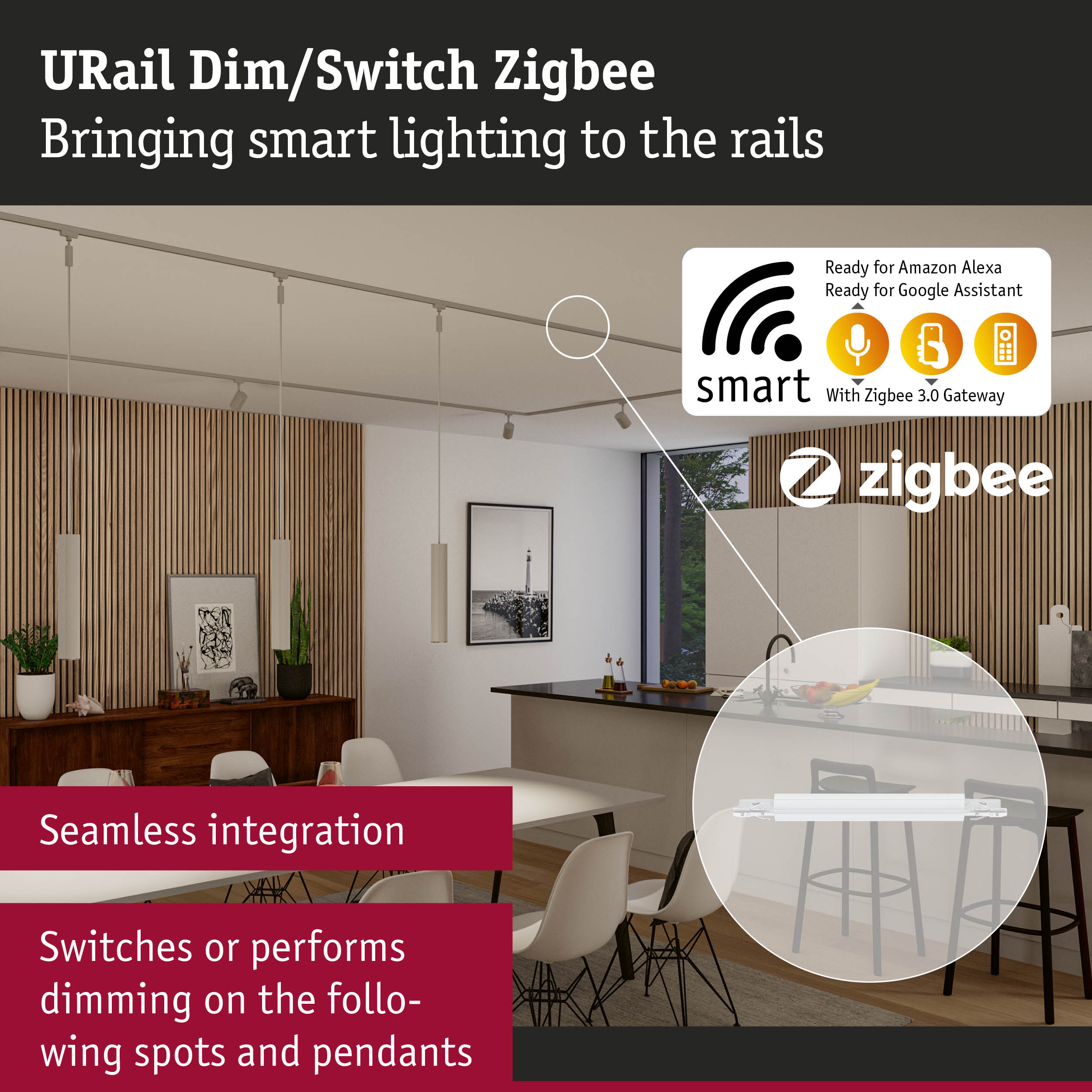 Modern white URail Dim/Switch Zigbee smart rail with seamless integration and voice control features