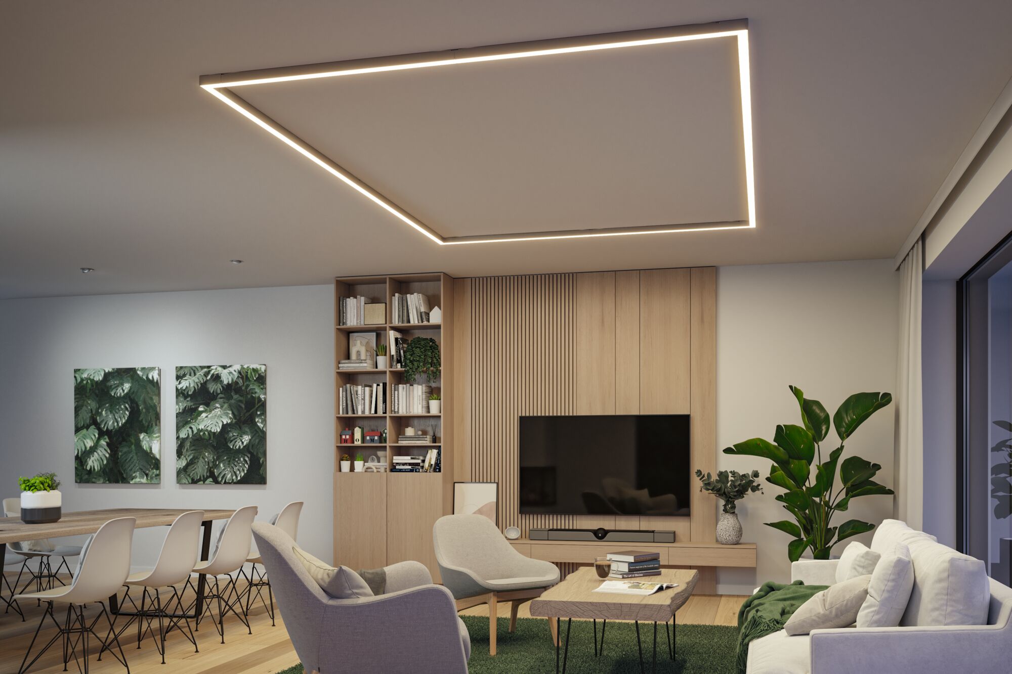 Moderne woonkamer met vierkante warmwitte LED-plafondlamp, houten kast en groen tapijt.