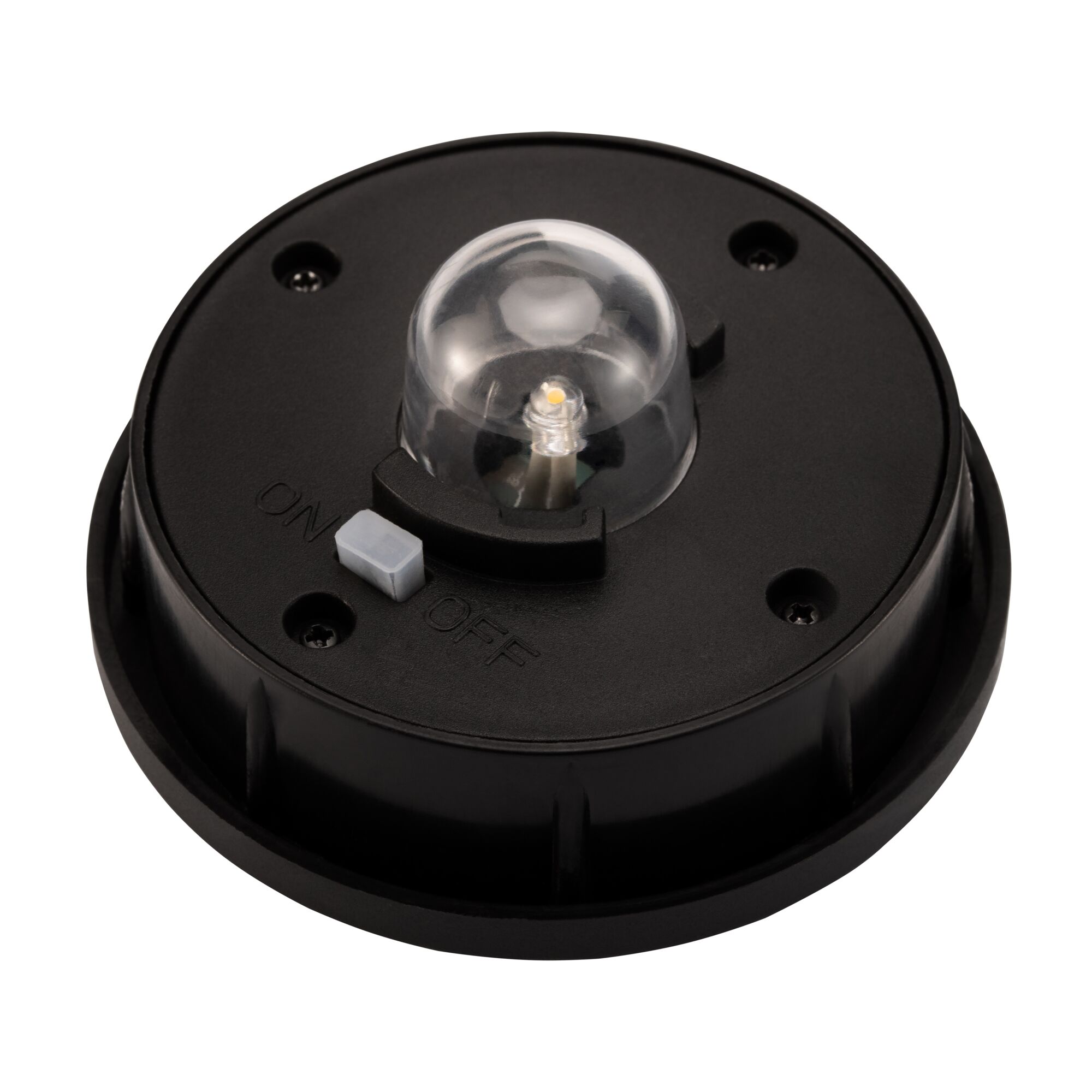 Black plastic housing with clear LED sensor and on/off switch for lighting technology use