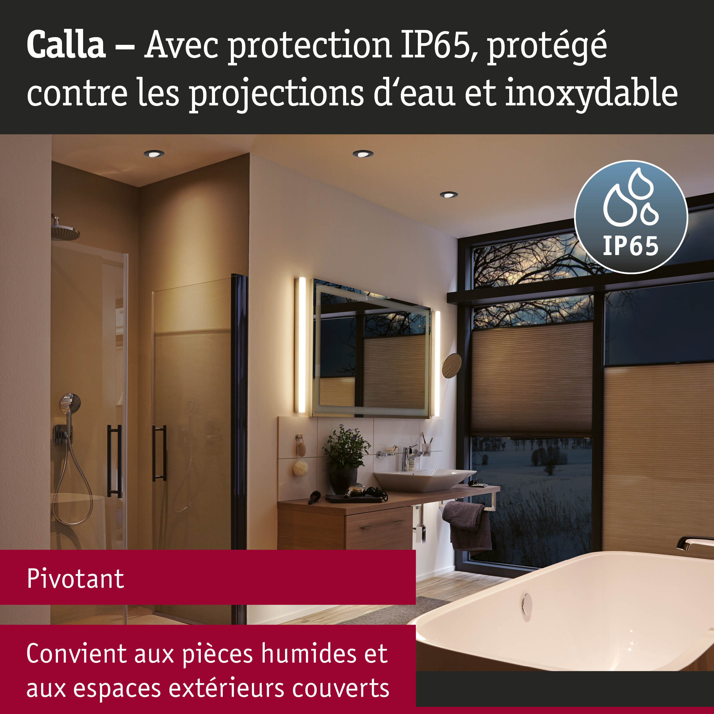 Spot encastré Calla en acier inoxydable IP65 pour salle de bain avec douche et baignoire, résistant à l'humidité