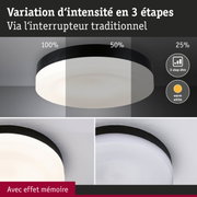 Plafonnier rond avec bord noir et lumière blanc chaud, variation d’intensité en 3 étapes via interrupteur traditionnel