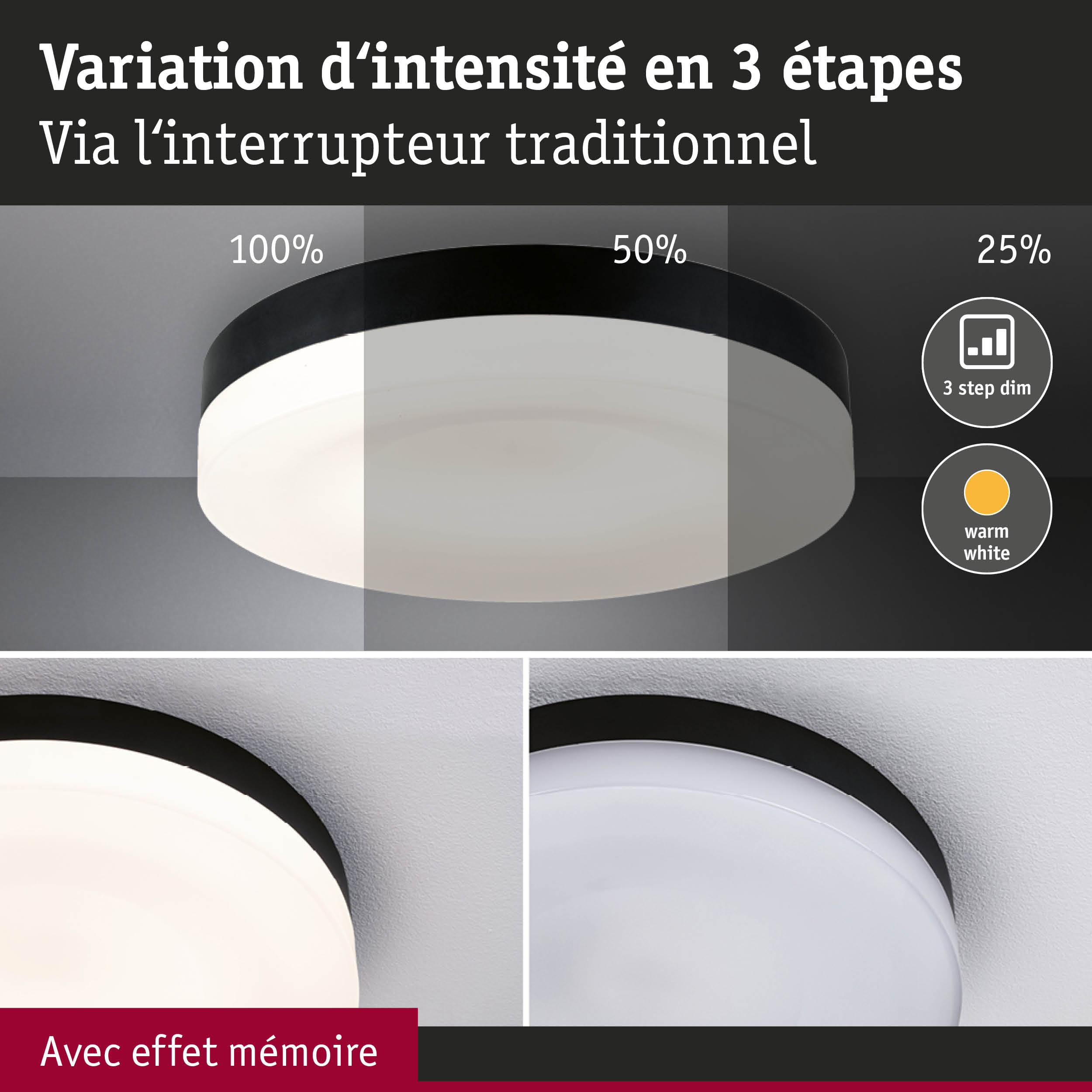 Plafonnier rond avec bord noir et lumière blanc chaud, variation d’intensité en 3 étapes via interrupteur traditionnel