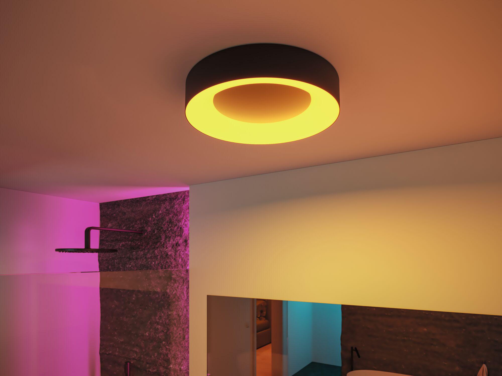Rund sort loftlampe med varmt hvidt LED-lys til moderne boligbelysning