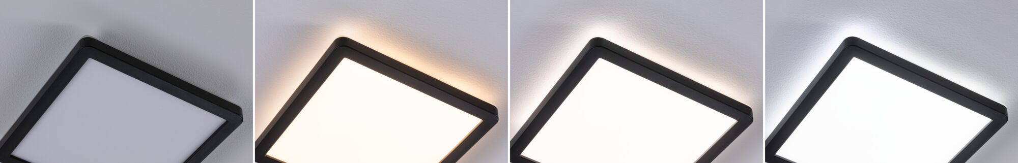 Sort firkantet LED-loftlampe med justerbar farvetemperatur og indirekte belysning til opholdsrum