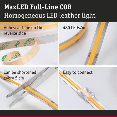 MaxLED Full-Line COB LED strip with adhesive tape, 480 LEDs/m, cuttable every 5 cm, easy to connect