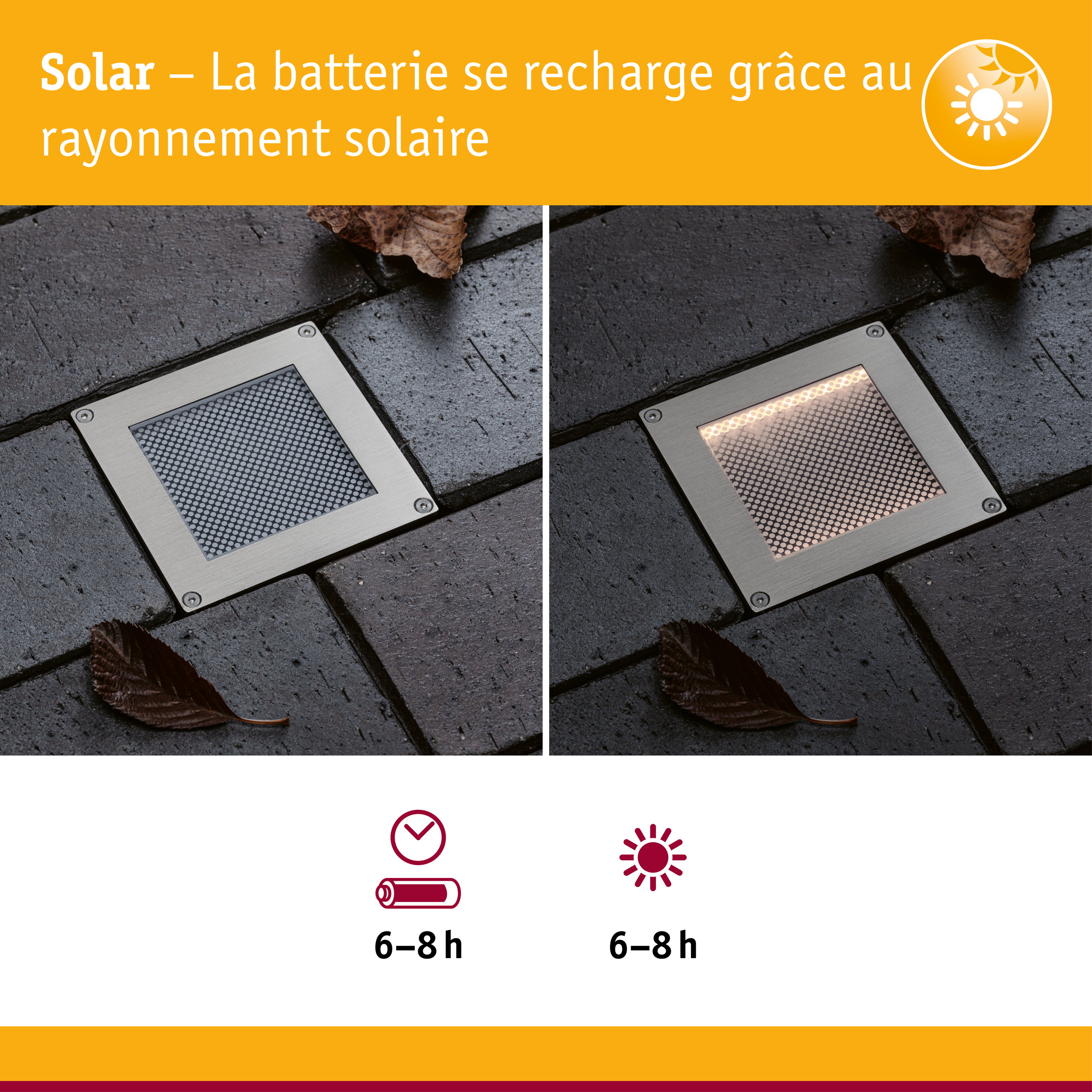 Solar Encastré de sol LED Sorea Capteur crépusculaire IP67 carré 100x100mm 3000K 0,1W 6lm 3,7V Acier brossé ABS/Polycarbonate/Acier inoxydable