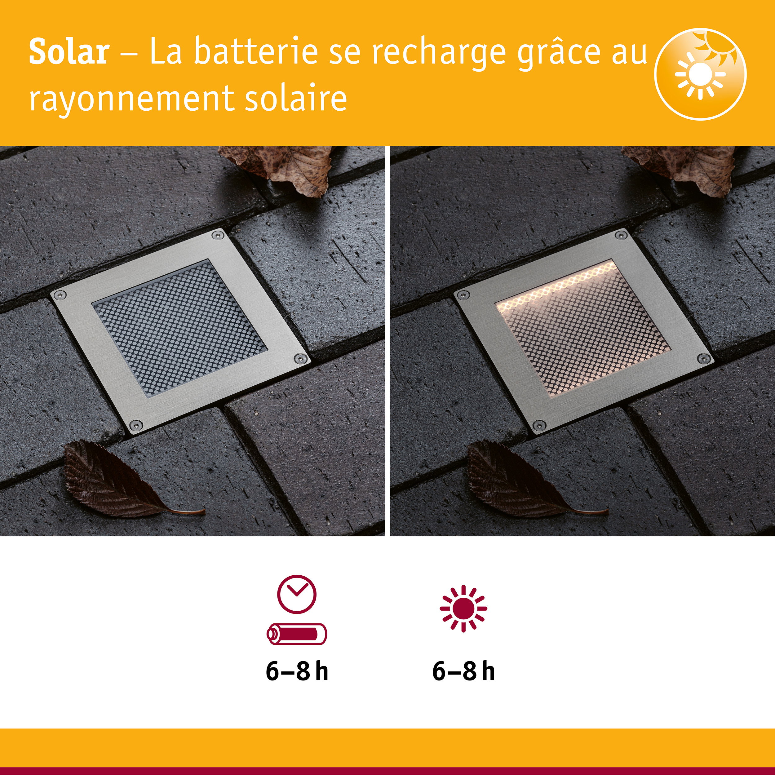 Solar Encastré de sol LED Sorea Capteur crépusculaire IP67 carré 100x100mm 3000K 0,1W 6lm 3,7V Acier brossé ABS/Polycarbonate/Acier inoxydable
