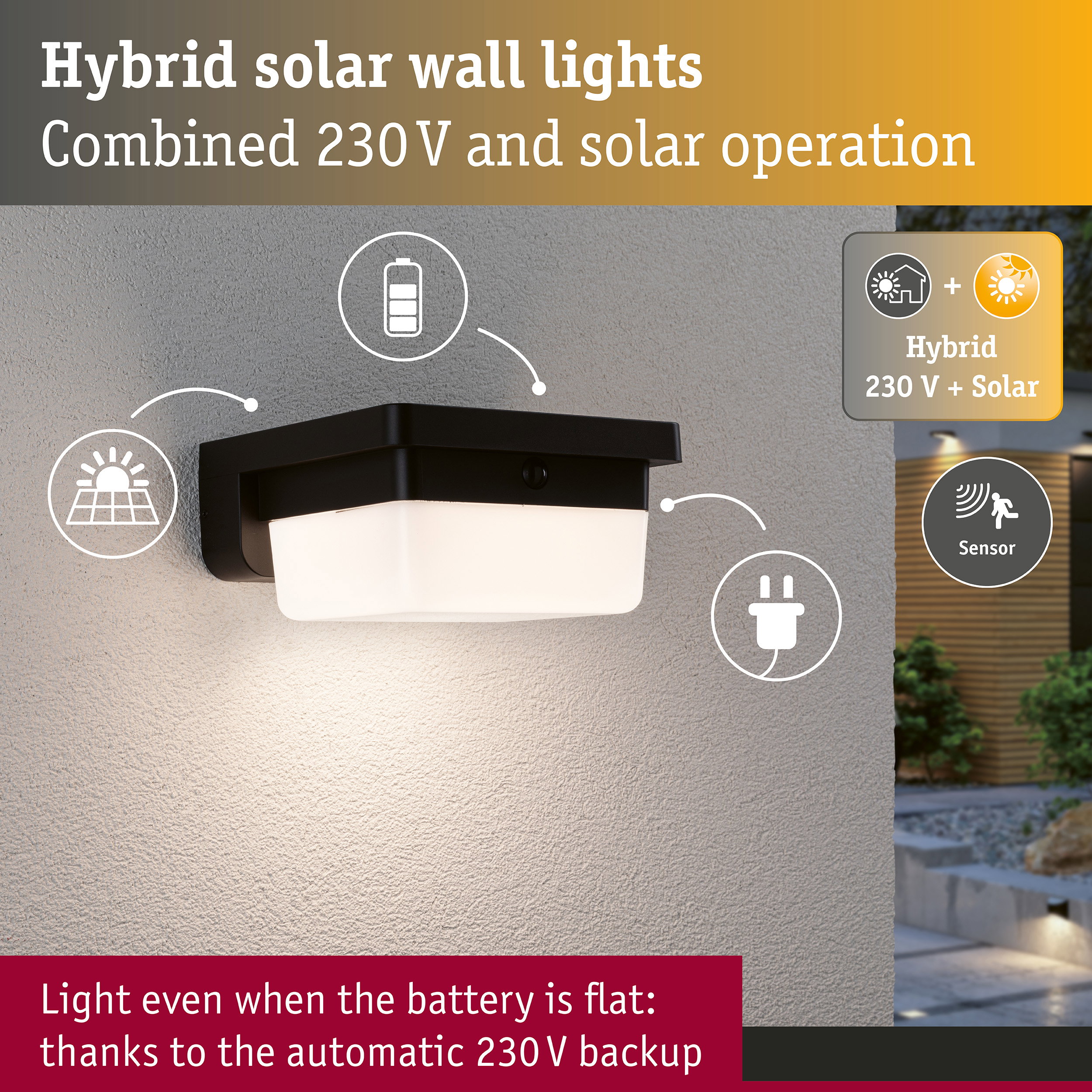 Hybrid LED Exterior wall light Isleen House 230V + Solar IP44 angular 163x163mm 3000K 2,3W 230lm 230V Black