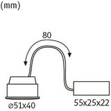 Technical drawing of LED recessed spotlight with 51 mm diameter and 80 mm cable curve.