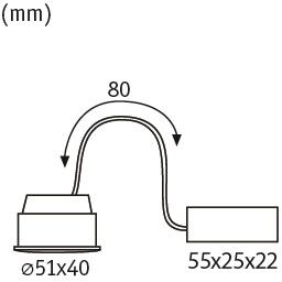 Technical drawing of LED recessed spotlight with 51 mm diameter and 80 mm cable curve.