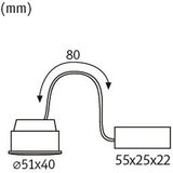Technical drawing of LED recessed spotlight with 51 mm diameter and 80 mm cable curve.