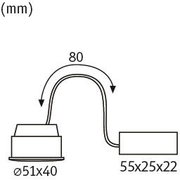 Technical drawing of LED recessed spotlight with 51 mm diameter and 80 mm cable curve.