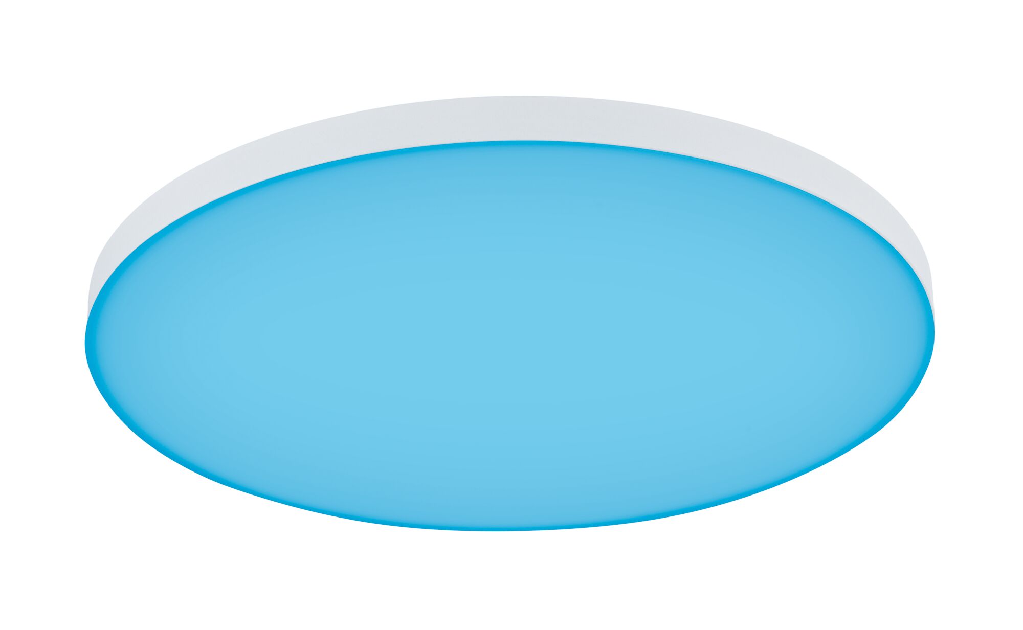 Round LED ceiling light with white frame and blue illumination for modern interiors