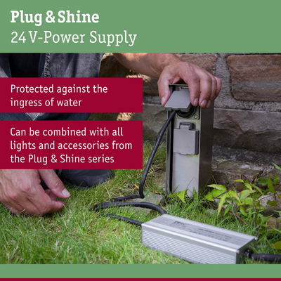 24V Plug & Shine metal power supply in grey, water-protected for outdoor lighting and accessories