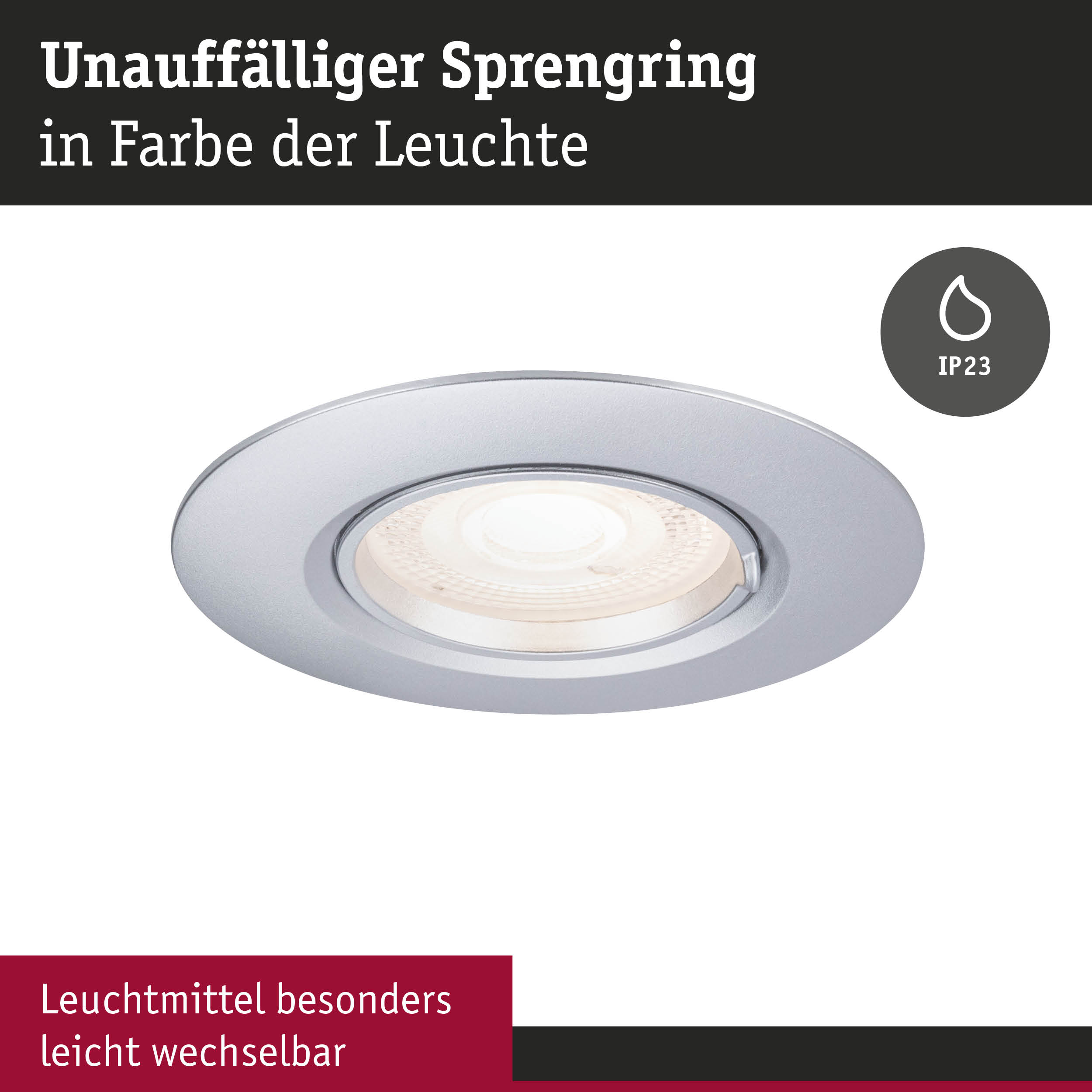 Unauffälliger Einbaustrahler in Silber mit IP23 Schutz für Feuchträume und LED Leuchtmittel
