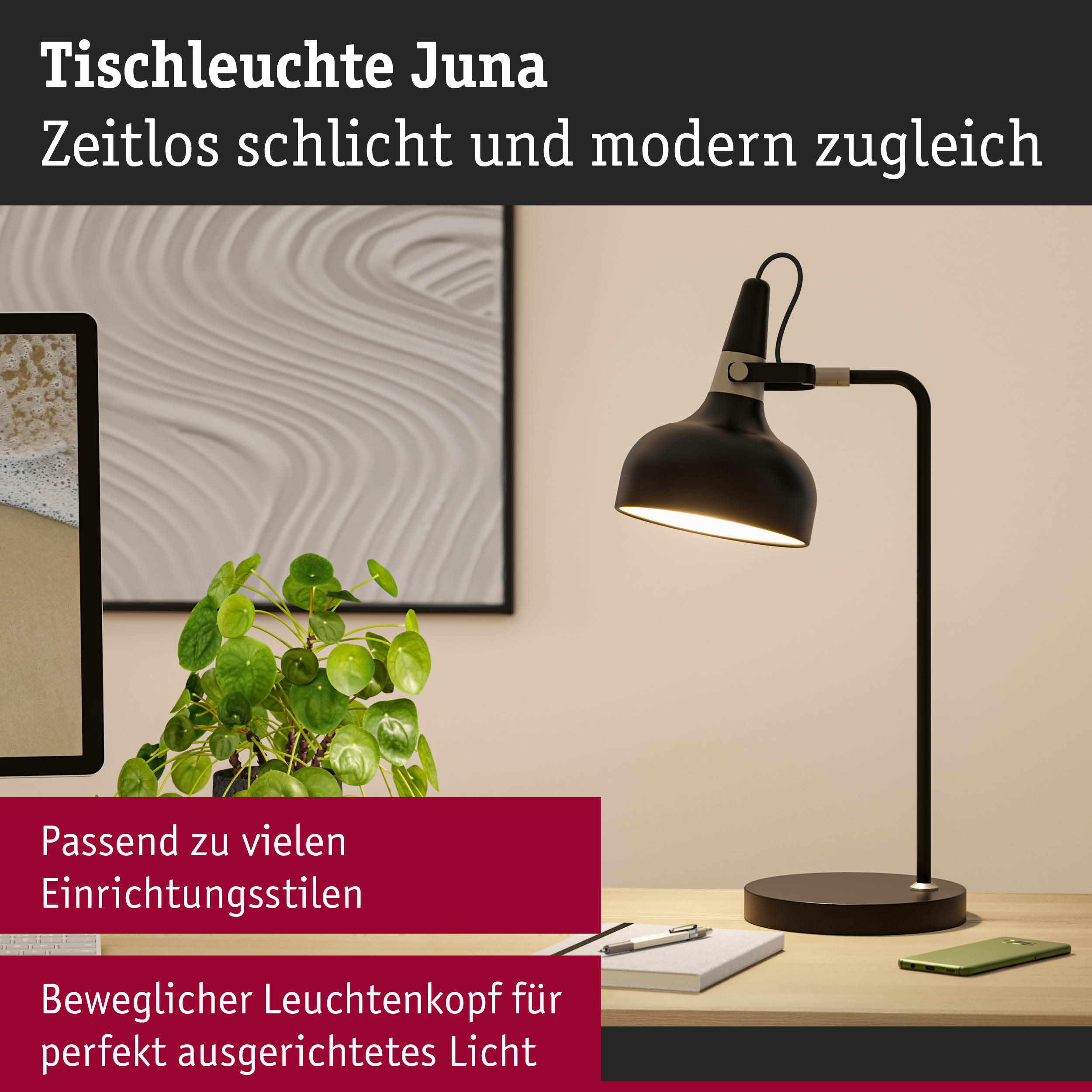 Schwarze Tischleuchte Juna mit beweglichem Leuchtenkopf für gezieltes Licht im modernen Arbeitszimmer