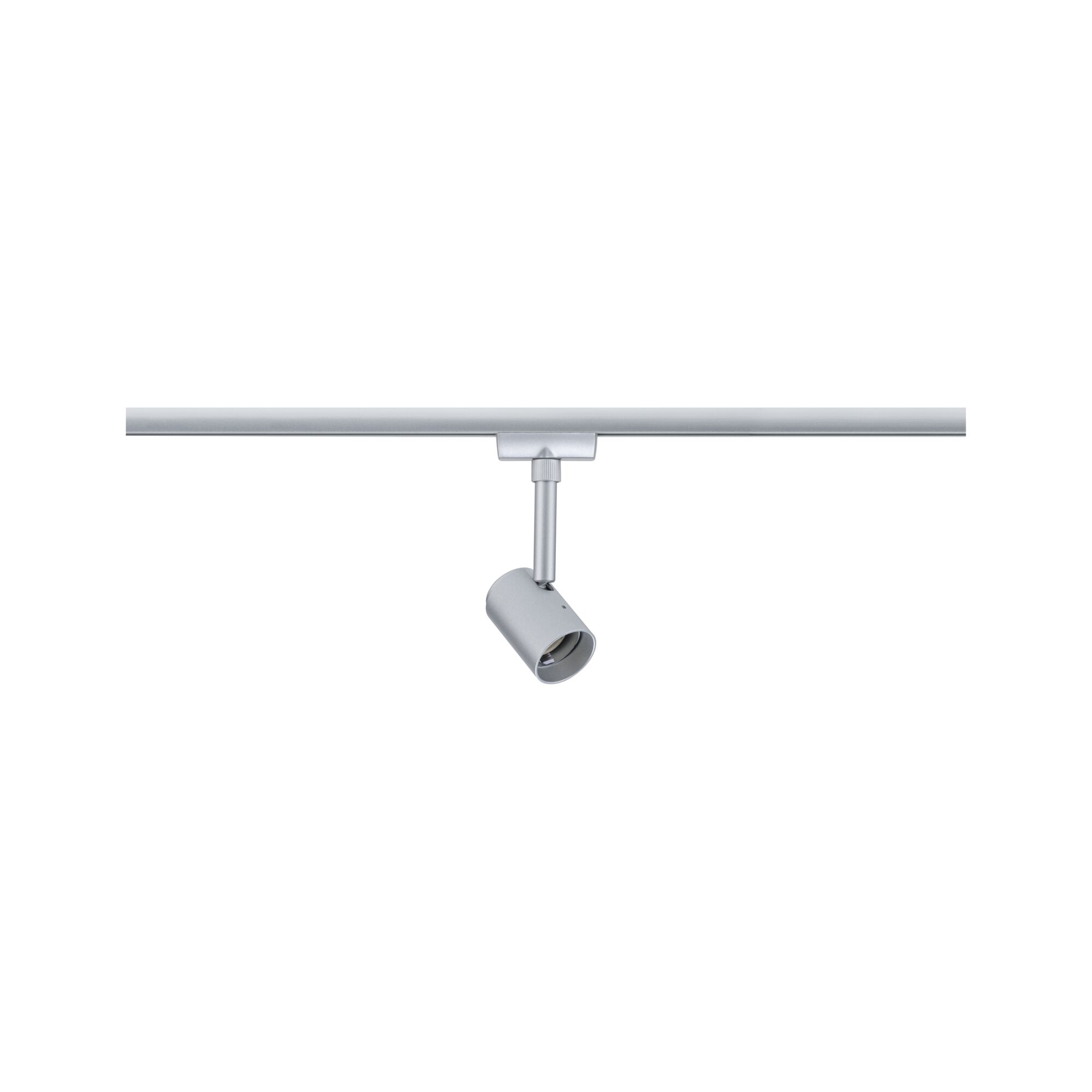 Silberner LED-Strahler aus Metall an Schienensystem für flexible Beleuchtung im Innenraum