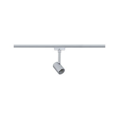 Silberner LED-Strahler aus Metall an Schienensystem für flexible Beleuchtung im Innenraum