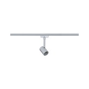 Silberner LED-Strahler aus Metall an Schienensystem für flexible Beleuchtung im Innenraum