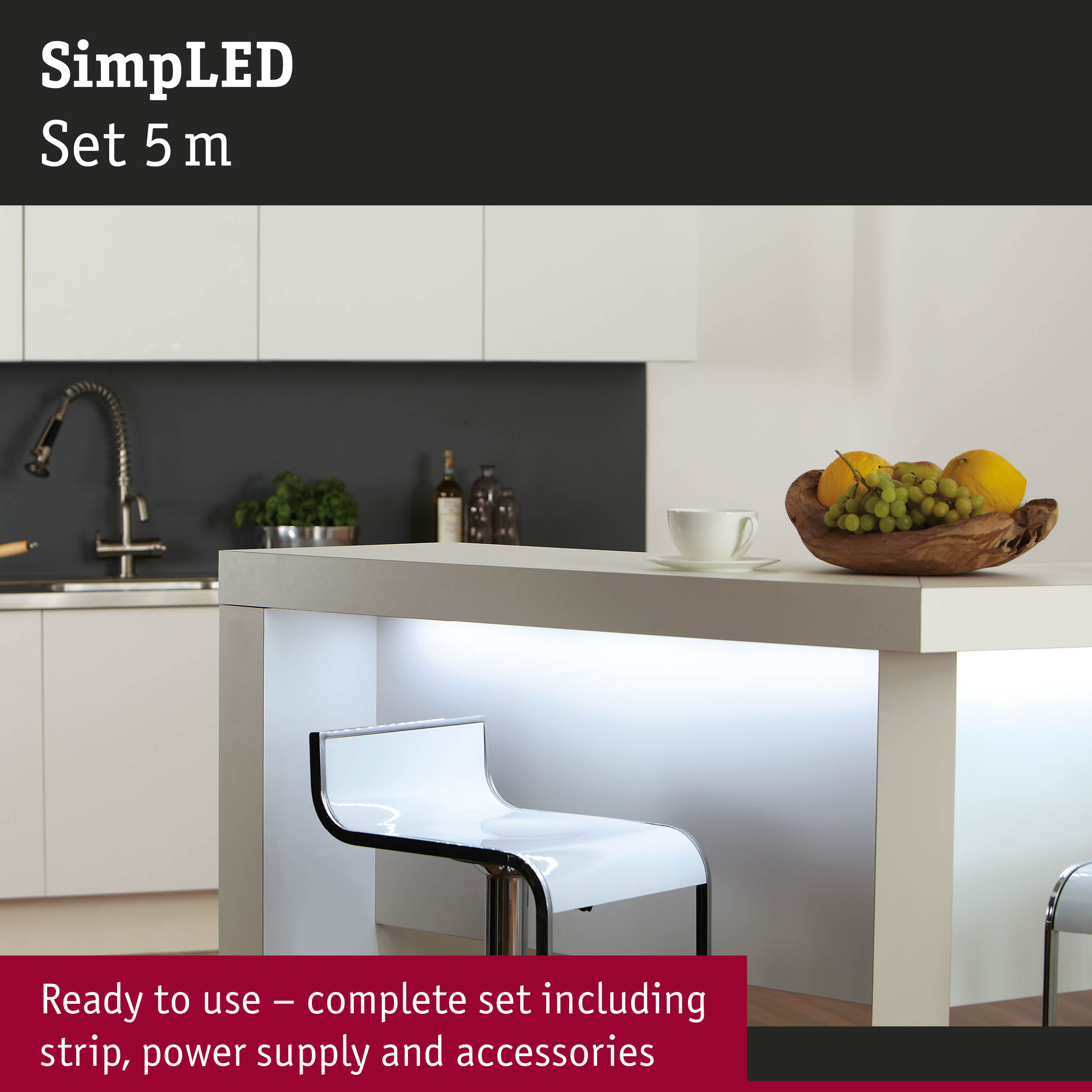 Modern white kitchen island with illuminated counter and transparent bar stool in minimalist style