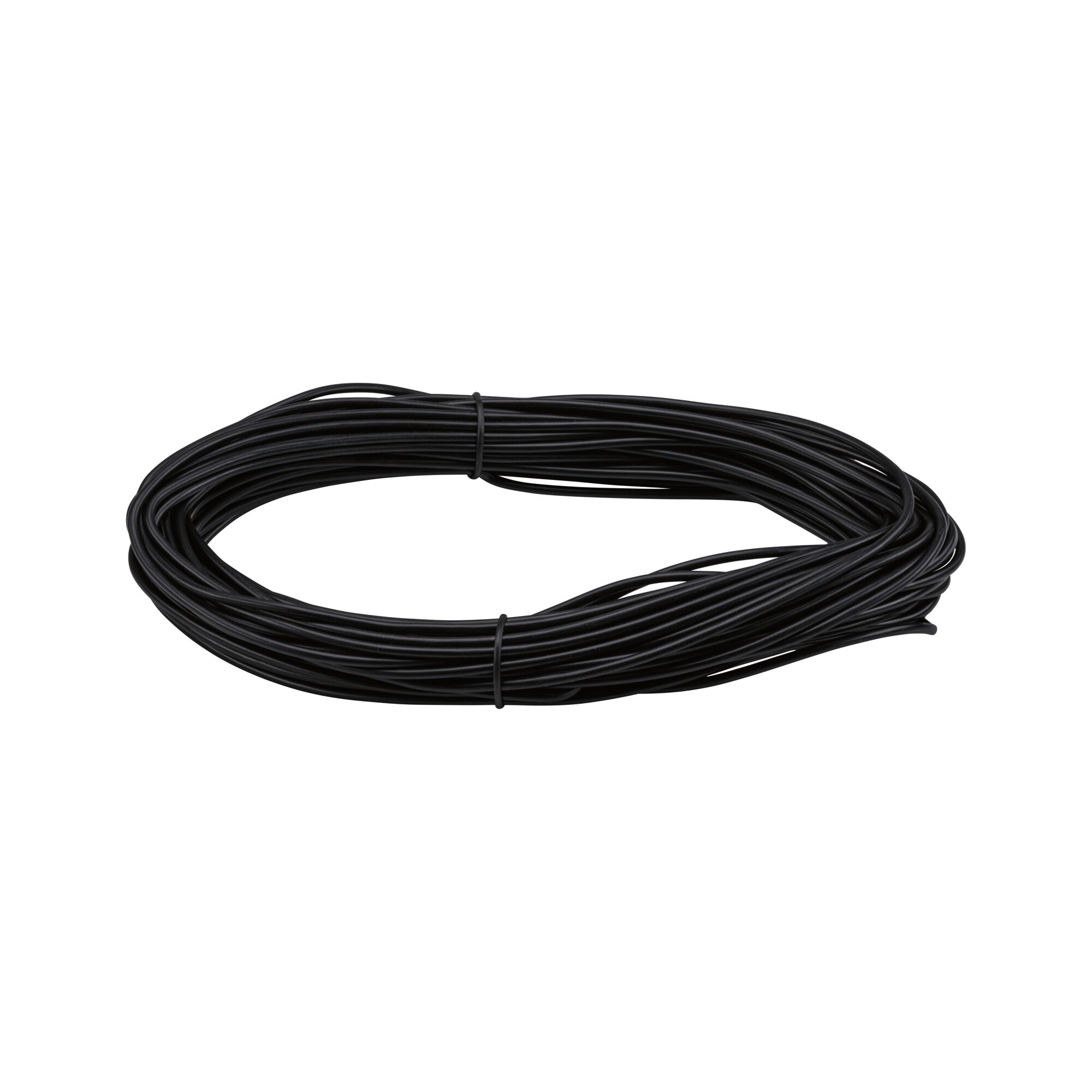 Schwarzes Kabel in Schlaufe gebündelt, flexibles Material für Elektroinstallationen und Beleuchtung.