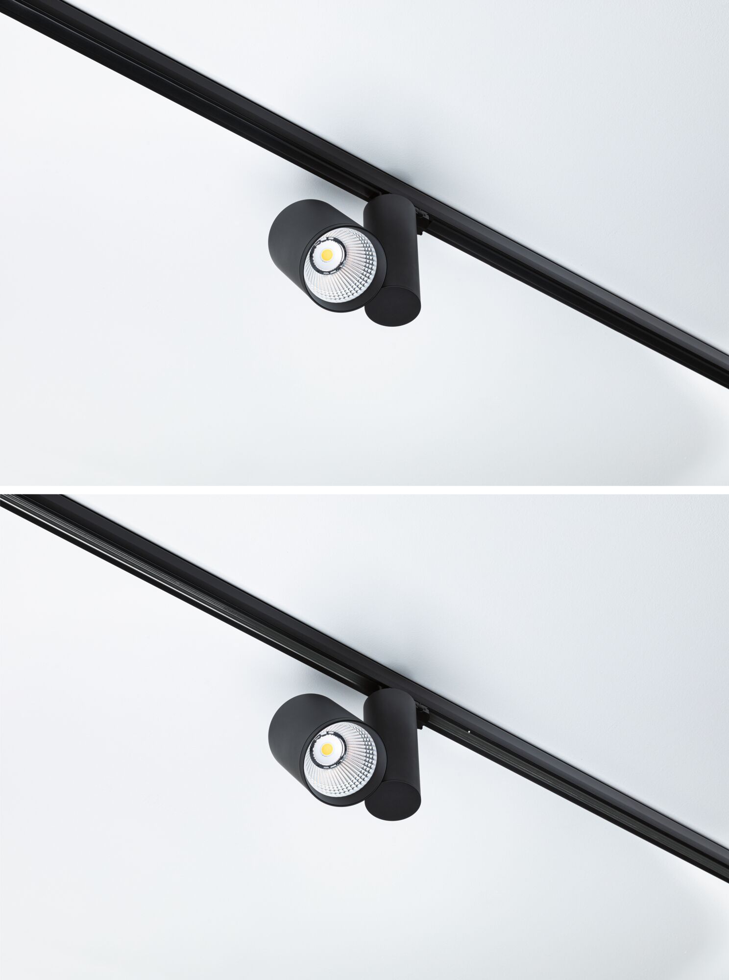 Black metal LED spotlight on track system for flexible room lighting and accent illumination