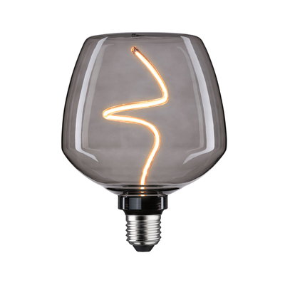 Moderne LED-Glühbirne mit rauchgrauem Glas und dekorativem, geschwungenem Leuchtfaden für Wohnraumbeleuchtung