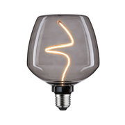 Moderne LED-Glühbirne mit rauchgrauem Glas und dekorativem, geschwungenem Leuchtfaden für Wohnraumbeleuchtung