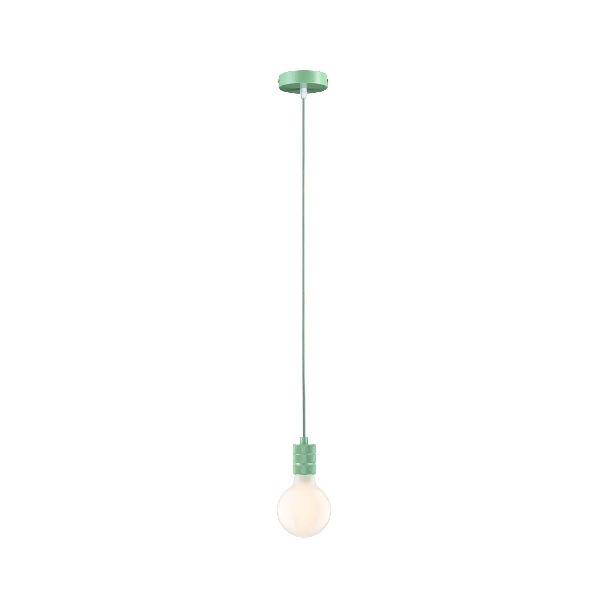 Pendant lamp with green metal holder and white bulb, minimalist lighting for modern interiors