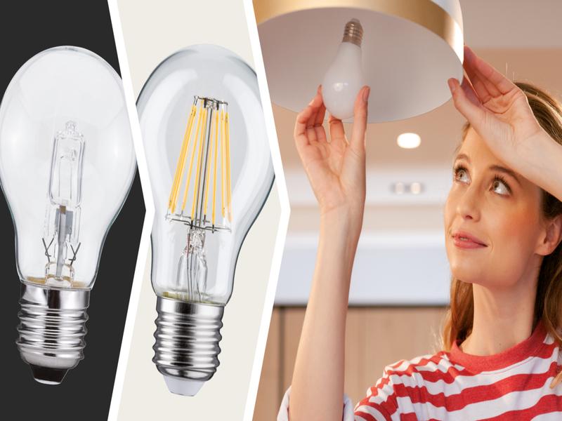 Vergleich Halogen- und Filament-Glühbirne mit Frau, die Filament-LED in Lampe einsetzt, Beleuchtung LED Lampen