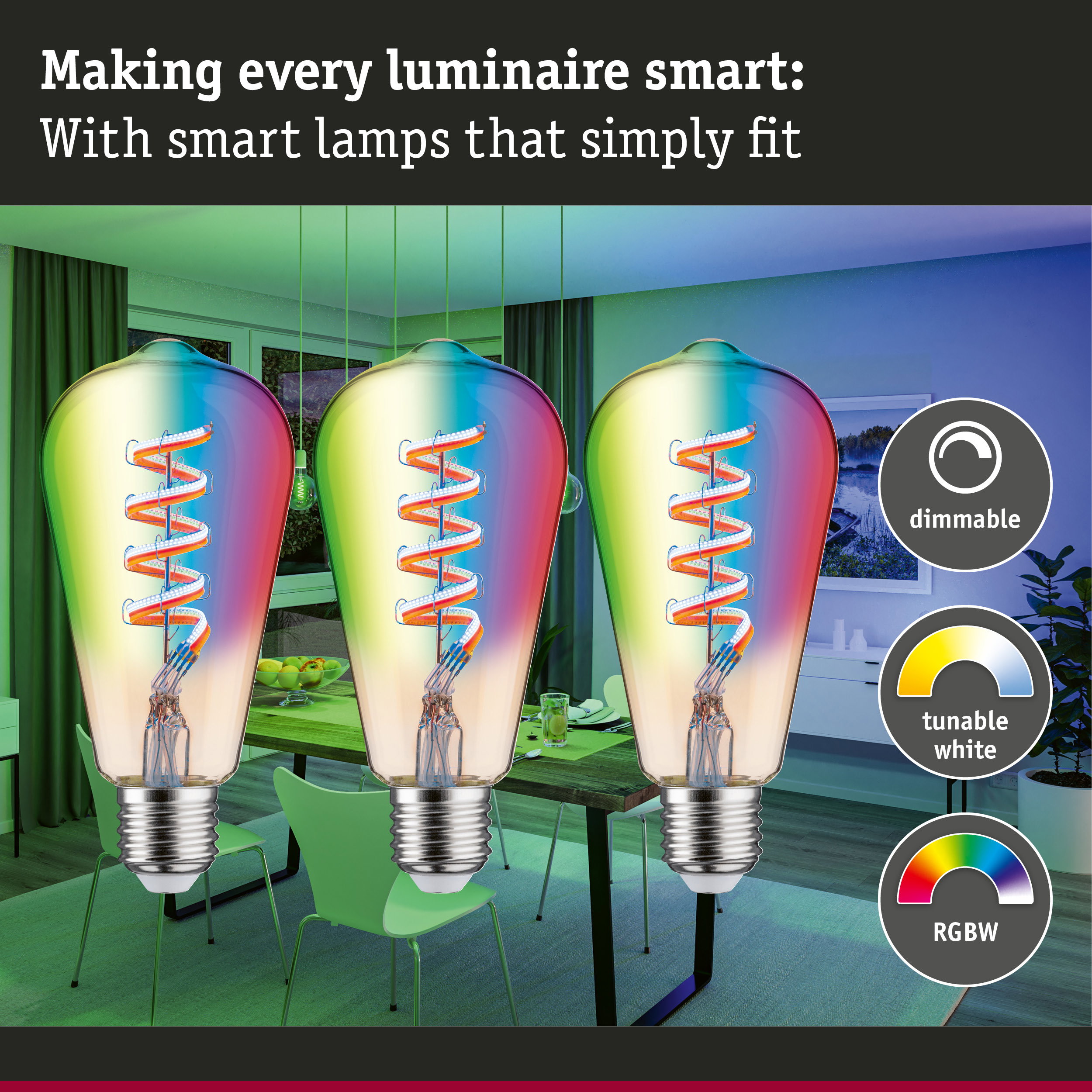 Three dimmable RGBW LED smart bulbs with tunable white and colorful glass in dining room setting