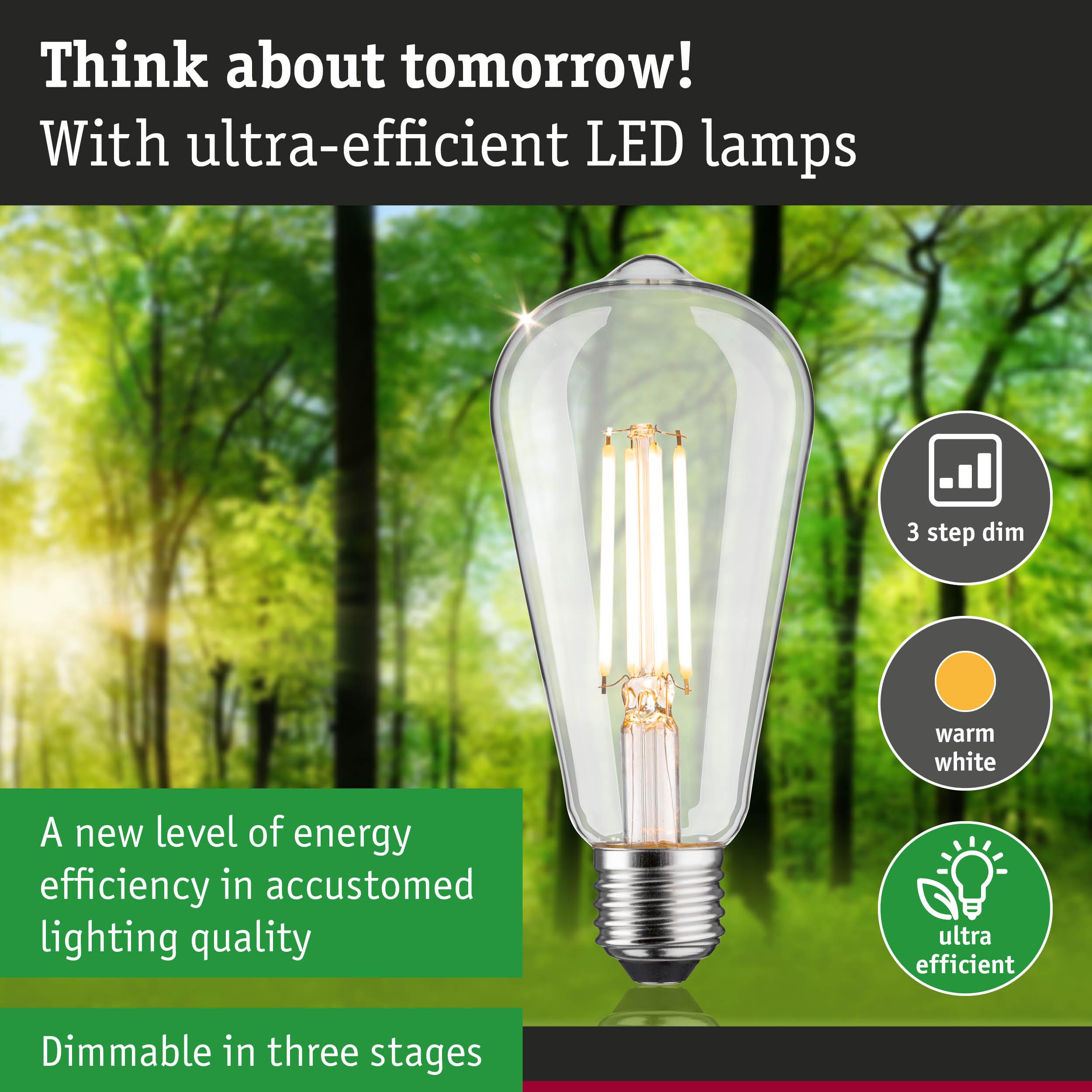 Clear LED lamp with warm white light and three-step dimming for energy-efficient lighting solutions