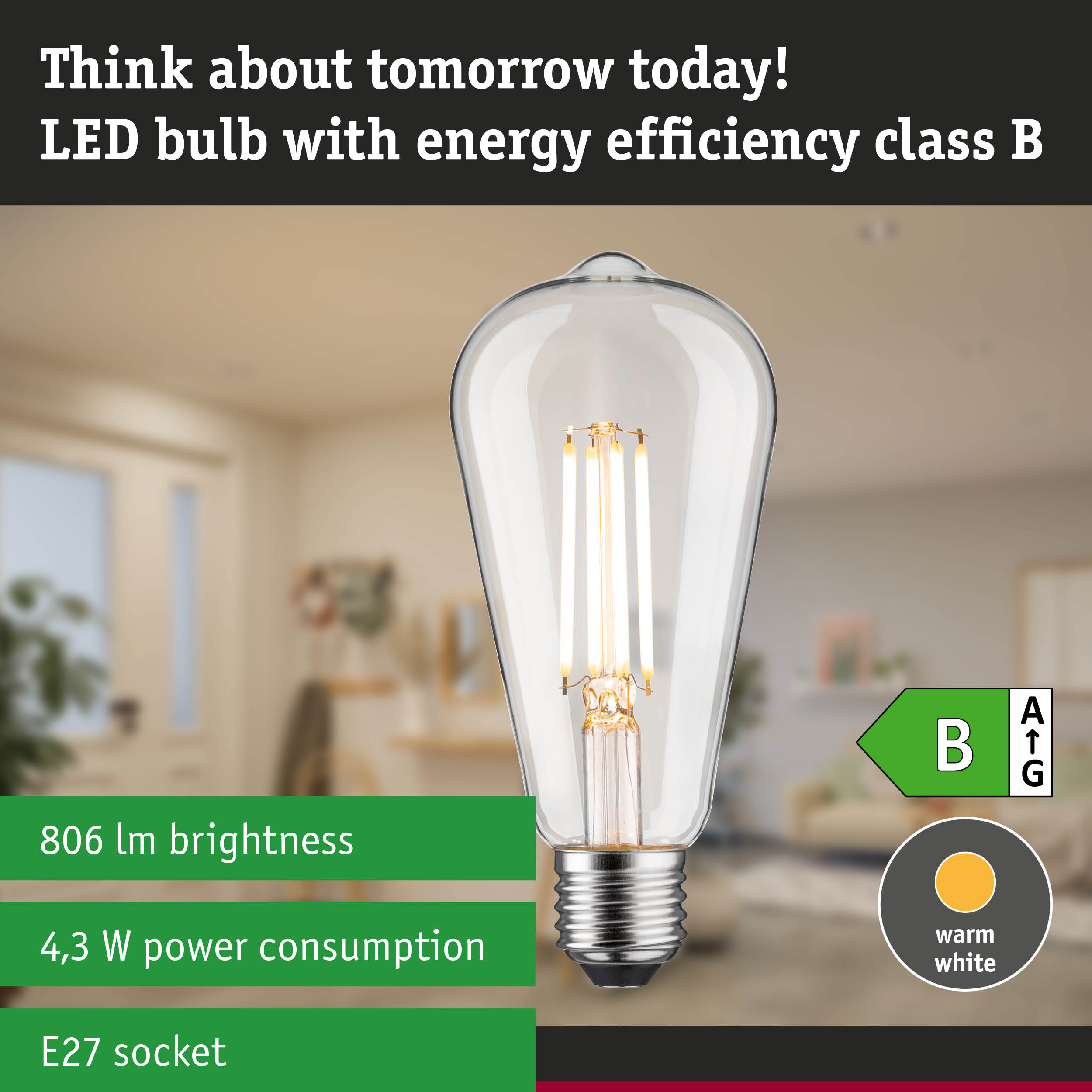 Clear LED bulb with warm white light and 3-step dimming for energy-efficient lighting solutions