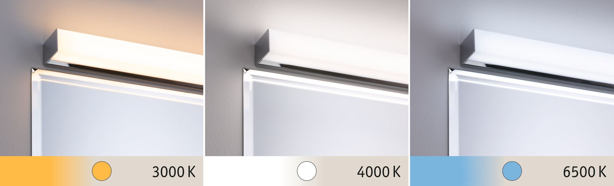 Tre moderne LED-væglamper i aluminium med forskellige lysfarver 3000K, 4000K, 6500K til indendørs brug