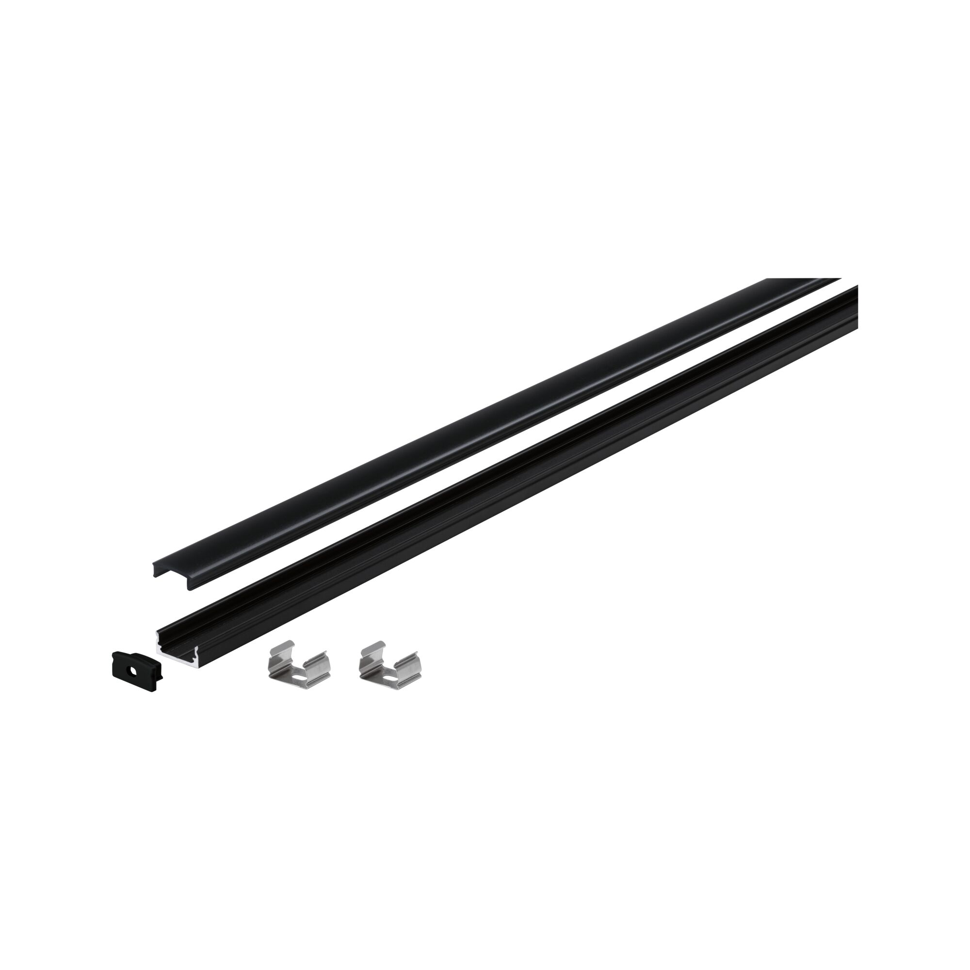 Black aluminum LED profile rail with cover and mounting clips for LED strip installation