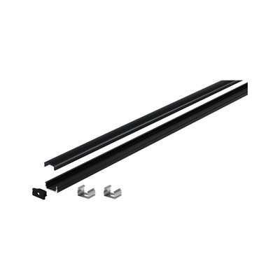 Black aluminum LED profile rail with cover and mounting clips for LED strip installation