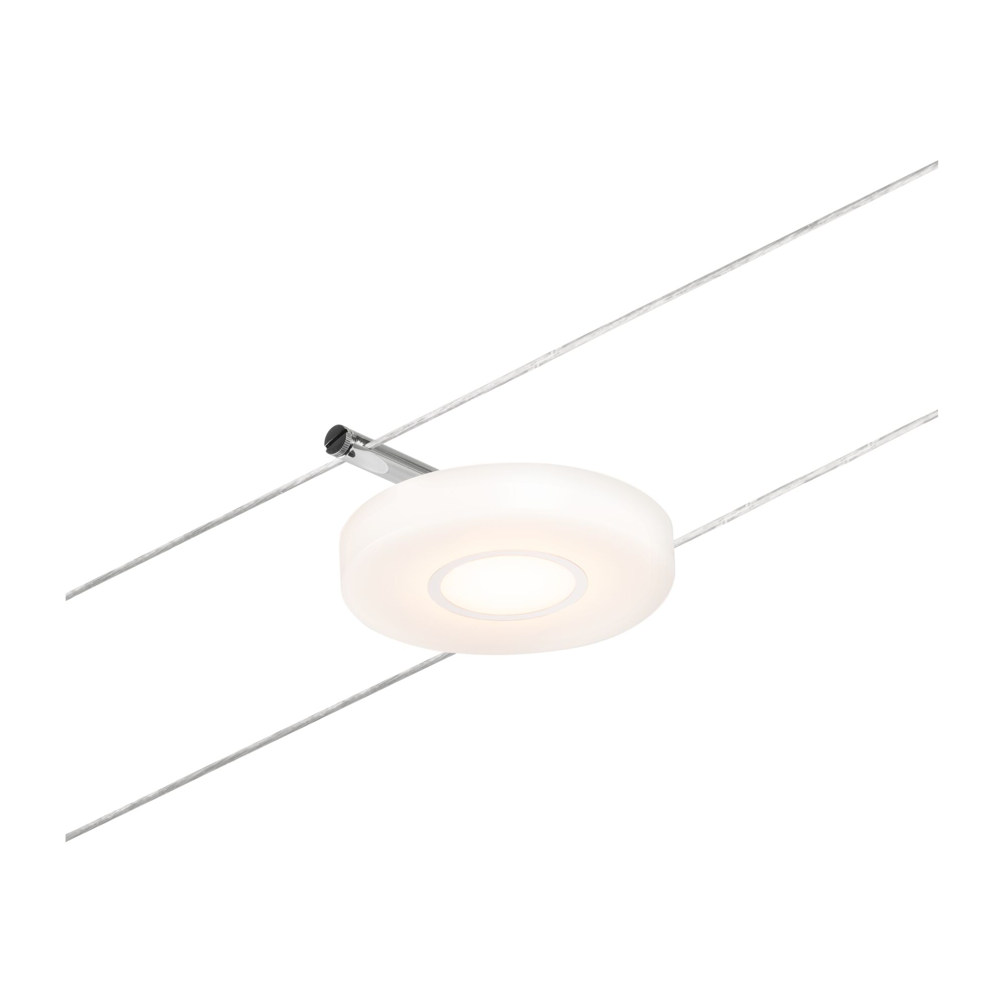Rond wit LED-kabelspot-element met chromen houder voor moderne verlichtingssystemen.