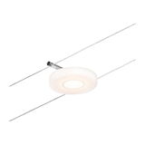Rond wit LED-kabelspot-element met chromen houder voor moderne verlichtingssystemen.